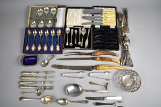 A Collection of Various Silver Plated Cutlery, Bone Handled Carving Items Spoons, Salt Etc