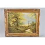 A Gilt Framed Oil on Canvas Depicting Stile on Country Lane, Signed V Stephens, 39x30cms