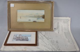 A Framed Watercolour Depicting Scottish Coastline, A Falmouth Print and Three Admiralty Charts