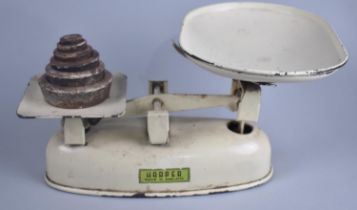 A Set of Vintage Enamelled Kitchen Scales by Harper, With Weights