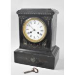 A French Slate Mantel Clock of Architectural Form with Engraved Gilded Decoration and Marble