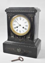 A French Slate Mantel Clock of Architectural Form with Engraved Gilded Decoration and Marble
