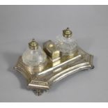 An Edwardian Silver Plated Desk Top Ink Stand with Two Glass Ink Bottles Having Hinged Silver Plated