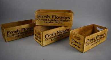 A Set of Four Small Rectangular Wooden Boxes Inscribed "Fresh Flowers, Covent Garden Market,