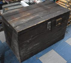 A Vintage Four Plank Topped Stained Pine Tool Chest with Inner Candle Store and Two Drawers now with