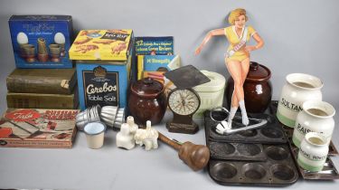 A Collection of Various Kitchenalia together with a Printed Metal Veedol Motor Oil Advertising Cut