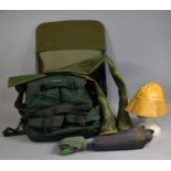 A Collection of Various Angling Equipment to include Waders, hats, Folding Seat, Bags Etc
