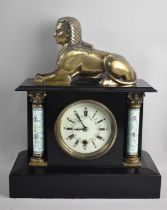 A French Slate Mantel Clock of Architectural Form with Enamelled and Ormolu Pilasters and a Large