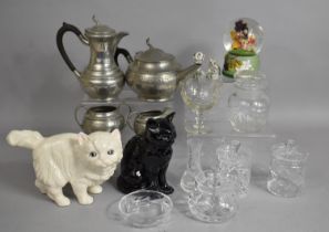 A Four Piece Pewter Tea Set together with various Glass, Pots, Wade Figures, Melba Ware Cat and a