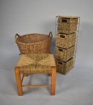 A Circular Wicker Log Basket, 43cms Diameter, A Rush Seated Square Stool and a Four Tier Storage