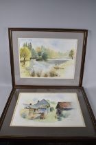 A Pair of Framed Australian Watercolours by Ray Elsten, Dilapidated Brick Cottage and Lake Scene,