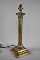 A Vintage Brass Corinthian Column Table Lamp with Reeded Support on Stepped Square Base, 45cms High