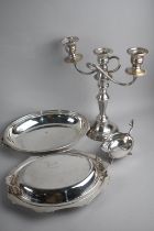 A Silver Plated Three Branch Candelabra, Sauce Boat and Entree Dishes