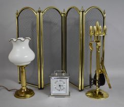 A Brass Farmed Fire Guard together with Companion Set, Brass Reeded Column Table Lamp with Glass