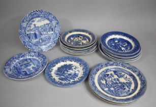 A Collection of Various Blue and White Transfer Printed Plates to include Willow Pattern,