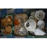 Three Boxes of Various Glassware, Wicker Baskets, Ceramics Etc