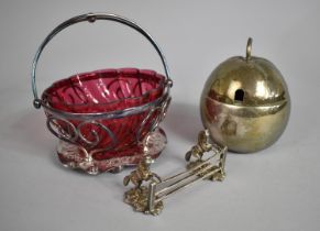 A Silver Plate and Cranberry Glass Bowl, Apple Pot and A Large Knife Rest in the Form of Horses