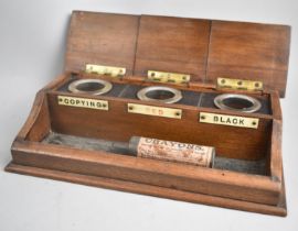 A Late Victorian/Edwardian Wooden Desk Top Inkstand with Pen Rest and Three Hinged Compartments