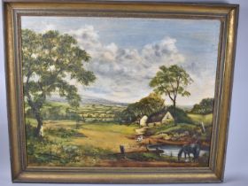 A Gilt Framed Oil on Canvas, Rural Scene with Horse, Dog, Labourer and Thatched Cottages, Subject