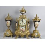 A French Brass and Porcelain Clock Garniture in the Sevres Style, Hand Painted Lozenge Decoration to