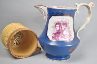 An Early Victorian Lustre Jug with Queen Victoria and Prince Albert Cartouche on Powder Blue