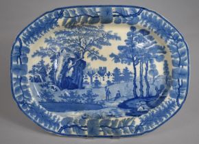 A 19th Century Blue and White Davenport Meat Plate with Village Scene, 50cms Wide