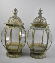 A Pair of Reproduction Brass and Glass Octagonal Lanterns with Hinged Pierced Lids, Each 51cms High