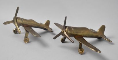 Two WWII Period Brass Models of Fighter Aeroplanes, 15cms Long