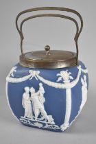 A Mid 20th Century Silver plate Topped Jasperware Blue and White Biscuit Barrel of Square Form
