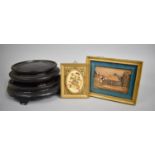 Two Oriental Wooden Vase Stands, an Oriental Miniature Cork Diorama and a Gilt Framed Miniature of