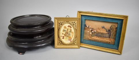 Two Oriental Wooden Vase Stands, an Oriental Miniature Cork Diorama and a Gilt Framed Miniature of