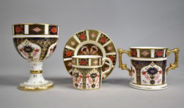 Three Pieces of Royal Crown Derby Imari to Comprise Goblet, 12cm high, Twin Handled Loving Mug, 7.