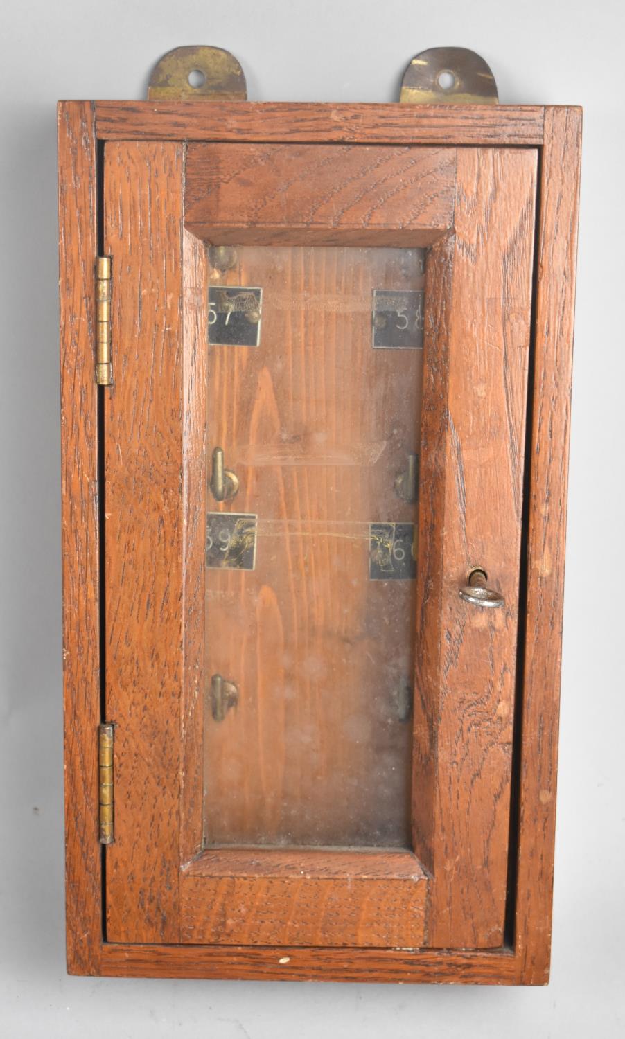 An Early/ Mid Wooden Wall Hanging Key Box with Glazed Hinged Door having Lock and Key to Six Hook - Image 2 of 2