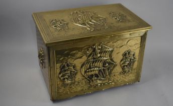 A Mid 20th Century Pressed Brass Wooden Lined Slipper Box, Decorated with Tall Ships, 41cms Wide