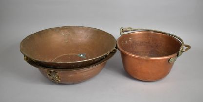 A Pair of North African Copper Hanging Bowls with Scrolled Brass Mounts, 44.5cms Diameter together