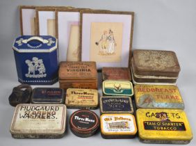 A Collection of Various Vintage Tins, Padlock with Key and Set of Four French Prints