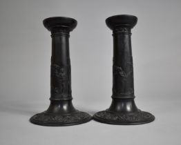 A Pair of Wedgwood Basalt Candlesticks Decorated with Classical Scene Design, 17.5cm high