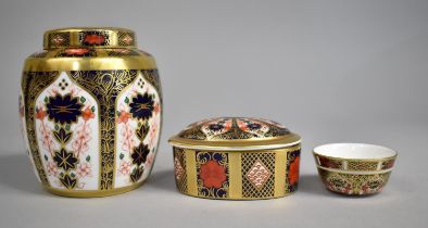 Three Pieces of Royal Crown Derby Imari to Comprise Ginger Jar, 11cm high, an Oval Lidded Box and