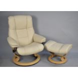 A Modern Ekornes Leather Upholstered Swivel Reclining Armchair with Matching Footstool