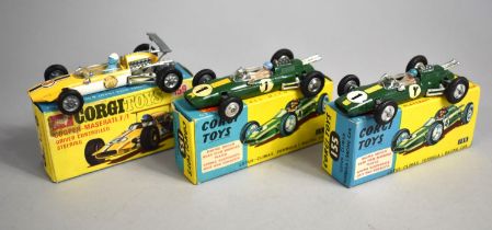 Three Boxed Corgi Racing Cars, Cooper Maserati F1 No.159, Lotus Climax F1 Racing Car No.155 x2
