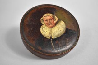 A Circular Wooden box with Hand Painted Lid Depicting Continental Lady with Ruff, 11.5cms Diameter