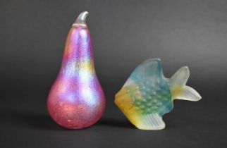 A Glass Form Iridescent Studio Glass Pear together with an Isle of Wight Glass Fish, Pear 18cms High