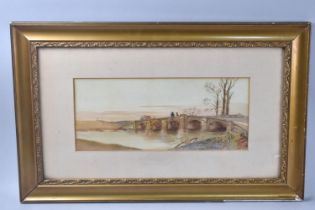 A Gilt Framed 19th Century Watercolour Depicting Bridge with Fisherman, Subject 35x15cms