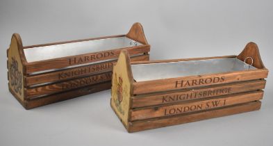 A Pair of Metal Lined Wooden Planter Inscribed Harrods, Knightsbridge, London SW1, Each 35cm Long