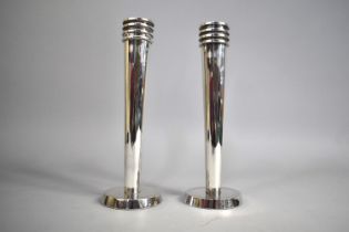 A Pair of Art Deco Style Silver Plated Candlesticks of Tapering Form, 25cm high