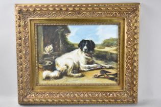 A Modern Gilt Framed Oil on Board Depicting Dogs Beside Kennel, 38x28cm