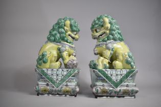 A Pair of Late 20th Century Chinese Porcelain Temple Lions on Plinth Based Decorated in the