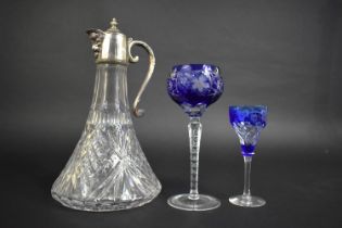 A Silver Plate and Glass Claret Jug together with Two Bohemian Blue Glasses, One with Chip to Rim