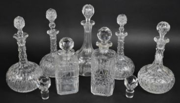 A Collection of Various Cut Glass Decanters to comprise Nice Quality Globe and Stalk, Most