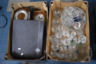 Two Boxes of Various Glassware, Mantle Clock (AF), Pipes etc